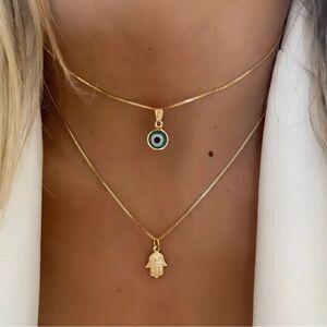 NIP- Gold Layered Evil Eye & Hamsa Hand Necklace Set 18K Plated